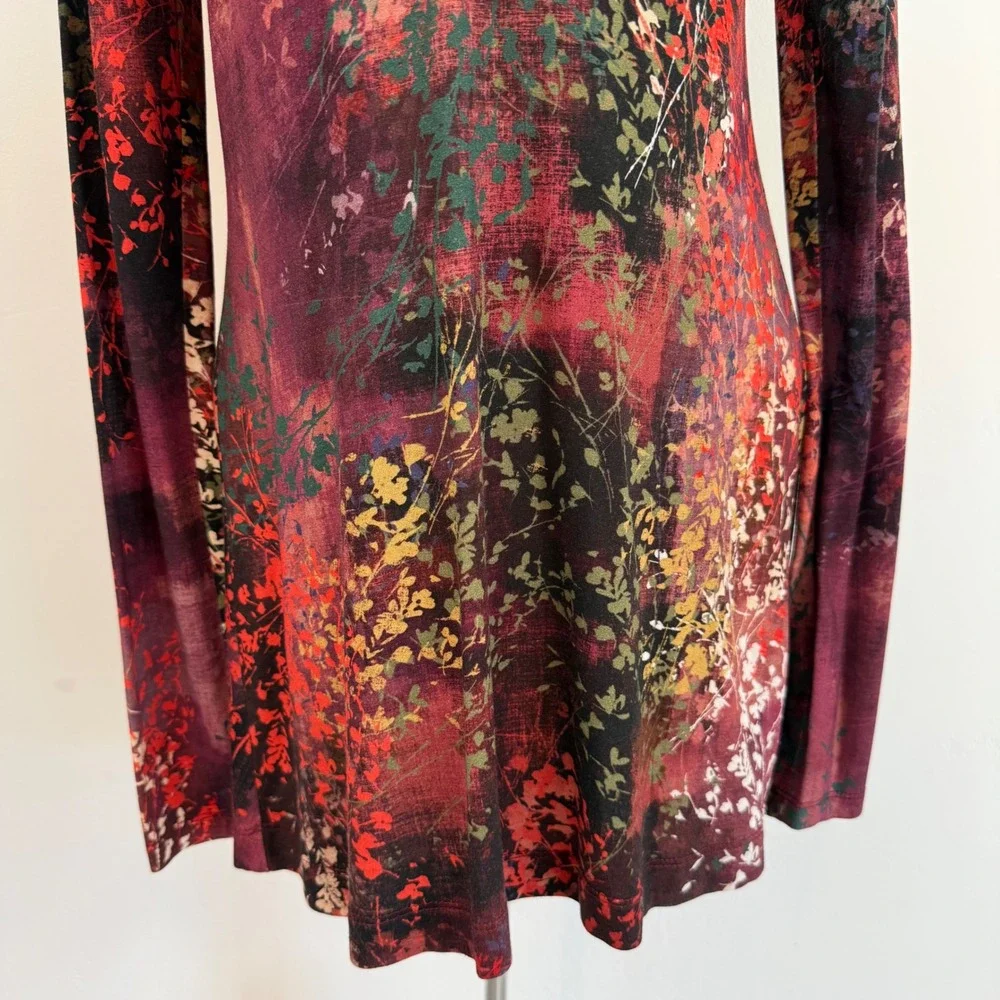 Peruvian Connection Floral Print Tunic Dress Burgundy Small Boho Art To Wear - Picture 3 of 13